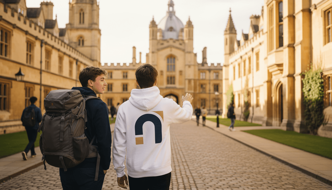 Students walking towards historic university building